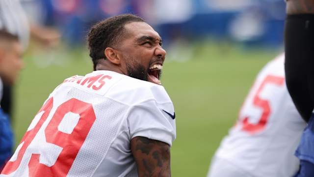 Jul 29, 2022; East Rutherford, NJ, USA; New York Giants defensive lineman Leonard Williams (99) laughs during training camp at Quest Diagnostics Training Facility.